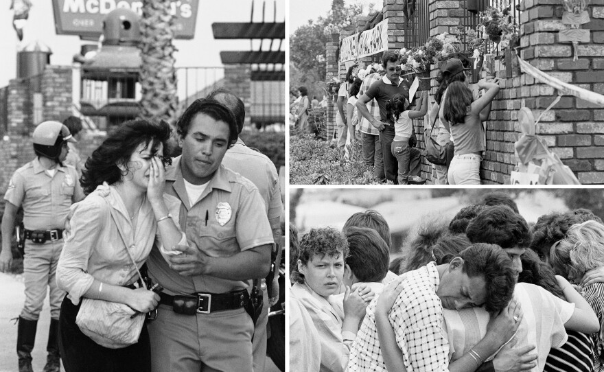 (Left) A victim is led away by police as SWAT officers assist wounded at a McDonald's restaurant on July 18, 1984 in San Ysidro, Calif. The gunman killed 21 people. (Top) People peer through the fence around the restaurant. (Bottom) Mourners console each other in the parking lot of Our Lady of Mt. Carmel Catholic Church in San Ysidro following funeral services for several victims.