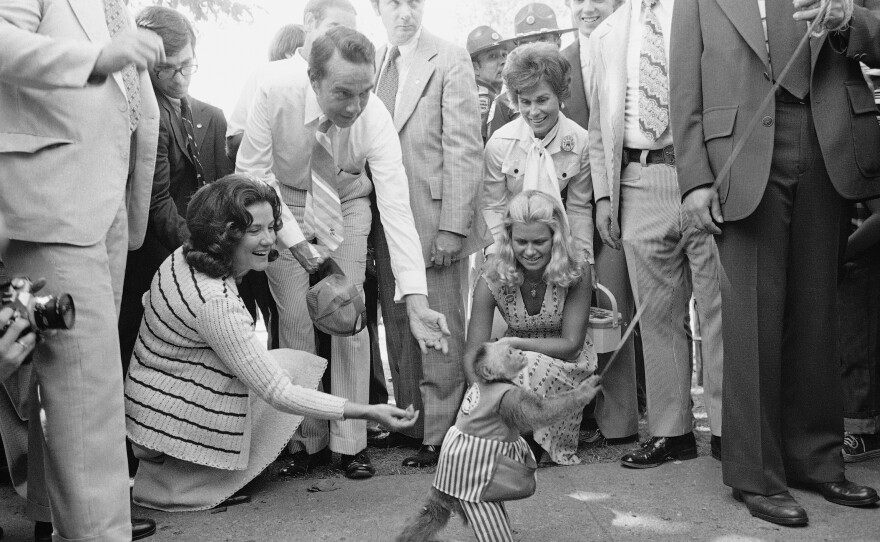 Then-vice presidential candidate Sen. Robert Dole, seen bending down, and his wife Elizabeth gave coins a monkey at the Iowa State Fair in 1976.