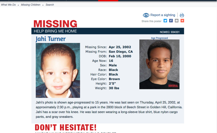 This shows a screenshot of the missing flier for Jahi Turner, 2, on the National Center for Missing & Exploited Children. He went missing from Balboa Park on April 25, 2002.