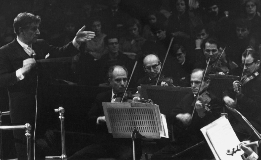 Composer and conductor Leonard Bernstein, shown here conducting the New York Philharmonic orchestra in 1963, was a legend in American music. Letters to and from Bernstein have been compiled into <em>The Leonard Bernstein Letters</em>, a new book edited by Nigel Simeone.