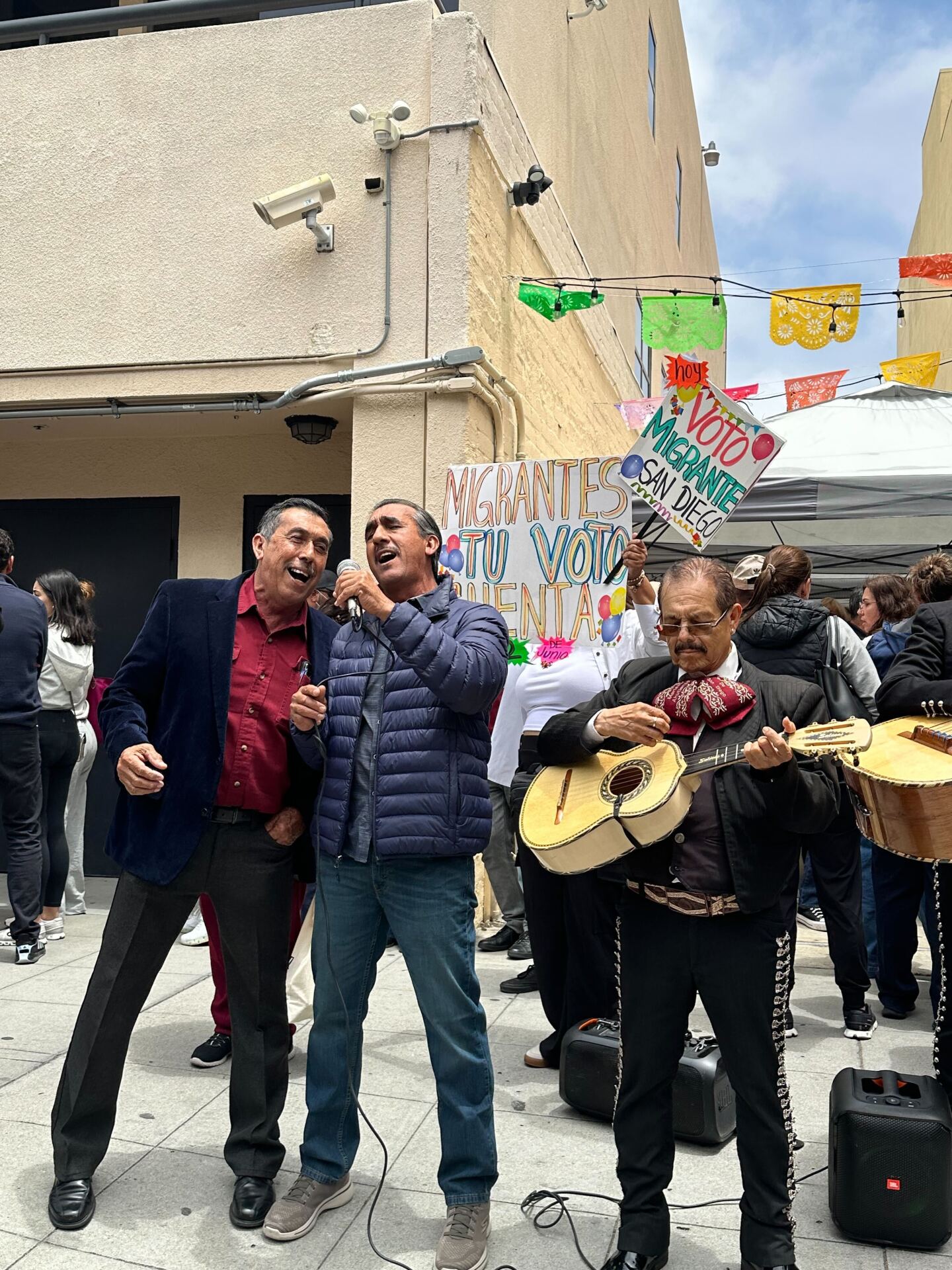People sing and play music on June 2, 2024, outside the Consulate General of Mexico in Little Italy, San Diego.
