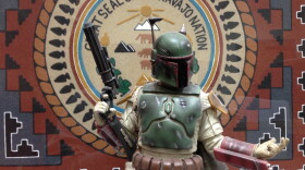 "Star Wars" character Boba Fett in front of the Navajo Nation seal.