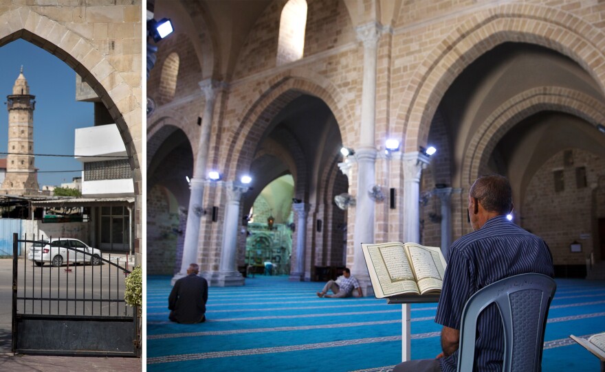 Left: A Palestinian schoolgirl in Gaza City passes by the main entrance to Pasha's Palace as the minaret of the Omari Mosque is seen in the background. Right: Palestinians spend a Ramadan fasting day reading the Quran inside the Omari Mosque.