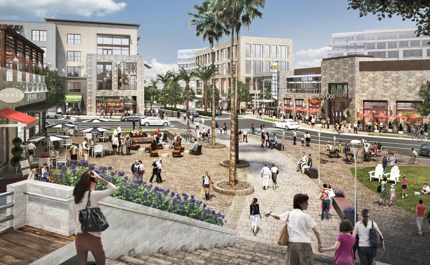 An artist's rendering shows One Paseo West Plaza, part of a proposed development in Carmel Valley, February 2015.