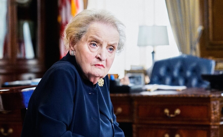 Madeleine Albright is pictured in 2018 on the set of <em>Madam Secretary.</em>