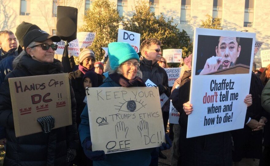 Protesters in favor of Washington, D.C's assisted suicide law outside of congressional office buildings on Feb. 13, 2017.