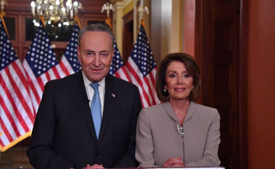 Senate Democratic leader Chuck Schumer and House Speaker Nancy Pelosi deliver a response to President Trump's televised address to the nation Tuesday.