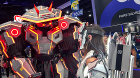 Cosplayers in illuminated mecha samurai suits at Comic-Con on July 23, 2026.