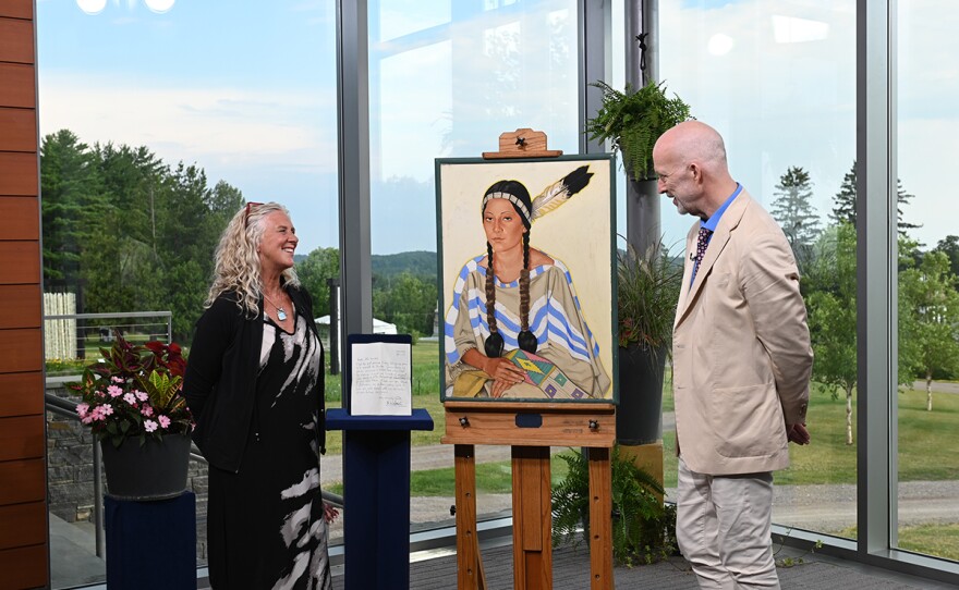 Alasdair Nichol (right) appraises a Winold Reiss Morning Star mixed media art ca. 1934, in Shelburne, Vt. ANTIQUES ROADSHOW “Shelburne, Hour 1” premieres Monday, April 24 at 8/7C p.m. on PBS