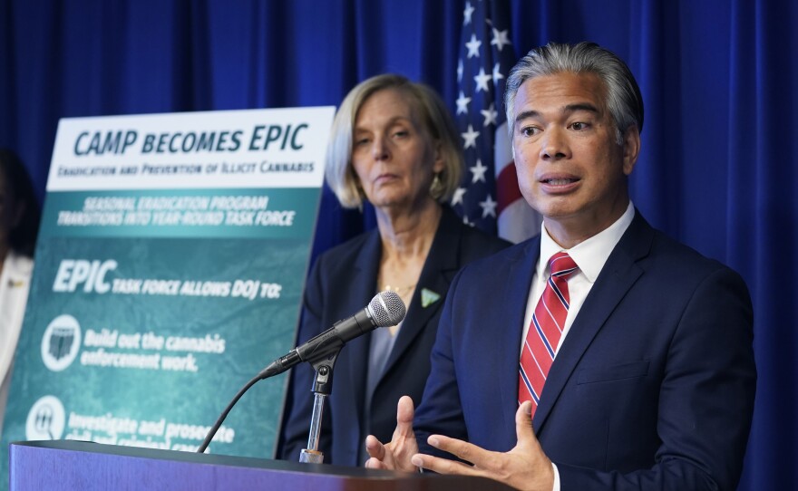 In an effort to curb the illegal cultivation of marijuana in the state, California Attorney General Rob Bonta announces the state will expand it's 13-week program to eradicate illegally cultivated cannabis to a year-round program during a news conference In Sacramento, Calif. Tuesday, Oct. 11, 2022.