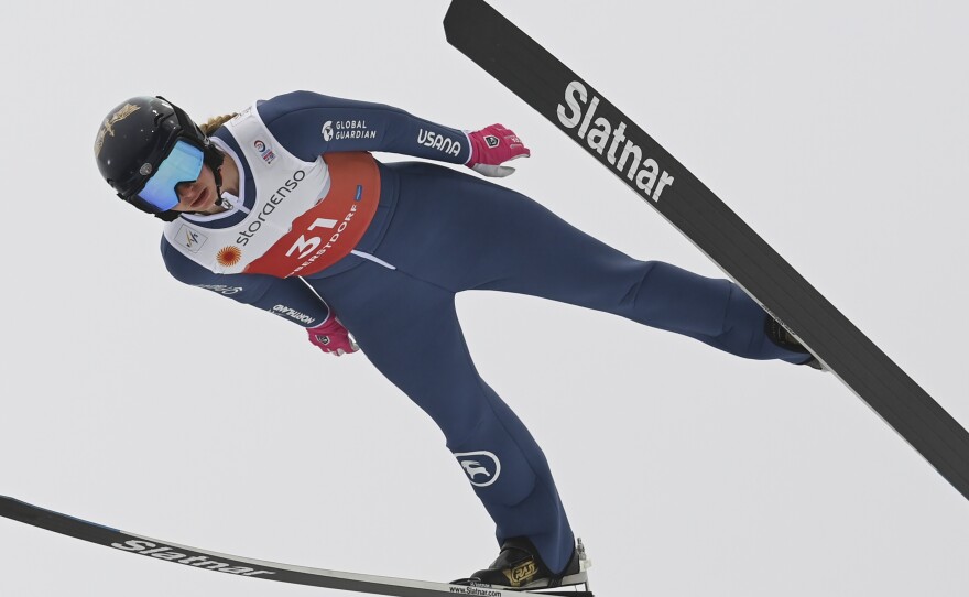 Tara Geraghty-Moats, from the U.S., soars through the air during a trial round at the Gundersen Nordic combined jumping event at the FIS Nordic Ski World Championships in Oberstdorf, Germany, on Feb. 27, 2021.