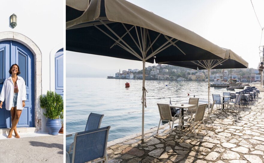 Left: Eleni Karavelatzi, co-founder of the travel company Visit Kastellorizo. Right: A dog walks on the empty promenade along the island's Aegean Sea shore.