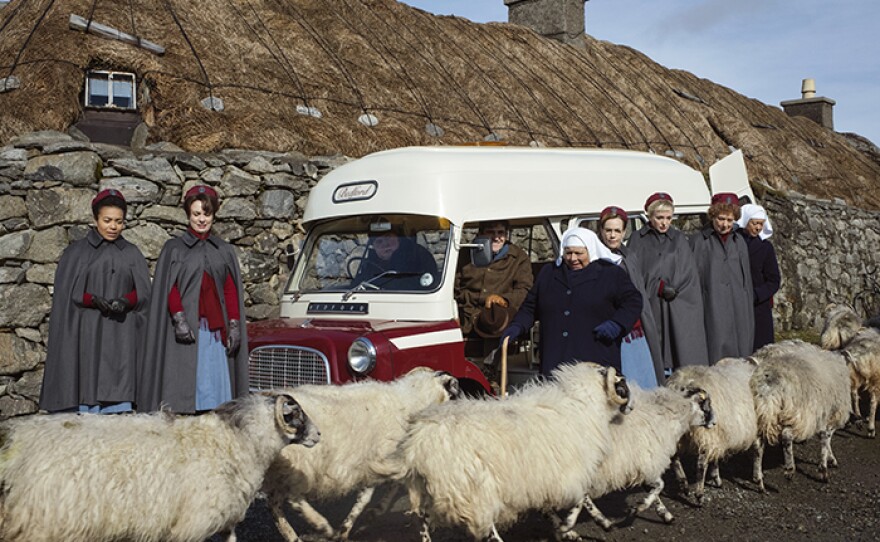 L-R: Nurse Lucille Anderson (LEONIE ELLIOTT), Valerie (JENNIFER KIRBY), Fred (CLIFF PARISI), Dr Turner (STEPHEN McGANN), Mother Mildred (MIRIAM MARGOLYES), Shelagh (LAURA MAIN), Nurse Trixie (HELEN GEORGE), Nurse Crane (LINDA BASSETT), Sister Julienne (JENNY AGUTTER)
