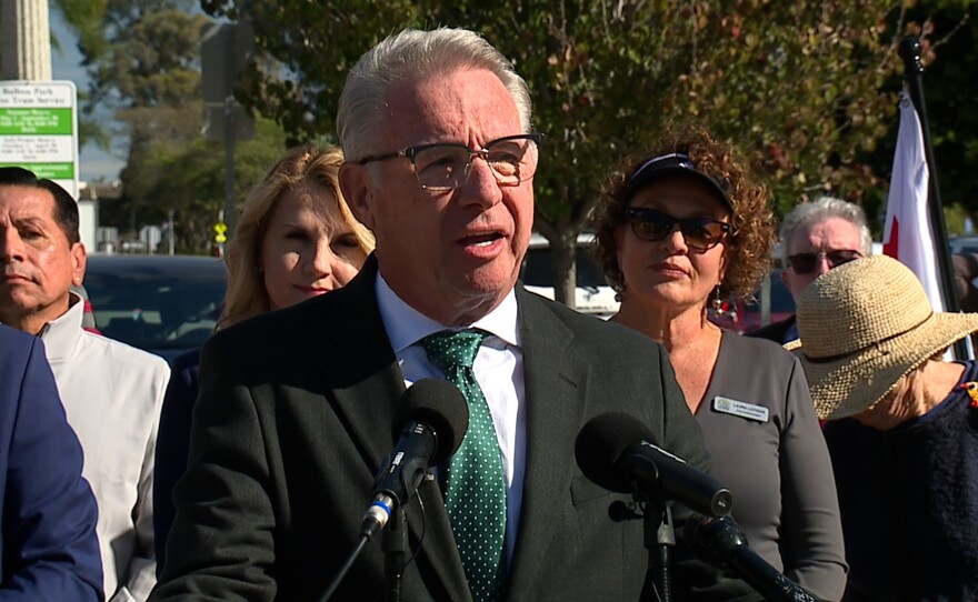 El Cajon Mayor Bill Wells is shown at a news conference in Balboa Park on January 12, 2026.