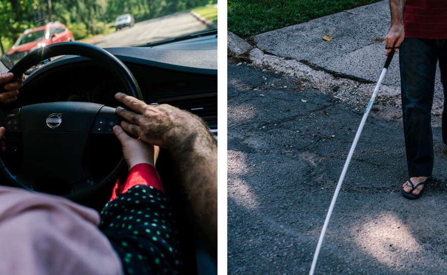 (Left) Ghada and Osama learn car vocabulary from Barbara Ajami. (Right) Osama walks outside after their ESL class.