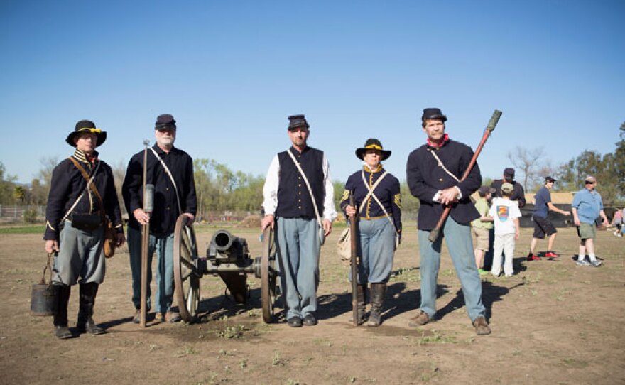 Civil War re-enactment of the 2nd Cavalry Regiment from left to right: Troopers Randy Nielsen, Michael Hagan, Tim Mantoani, Sgt. George (Anna Schurmann), and Dan Beidler.