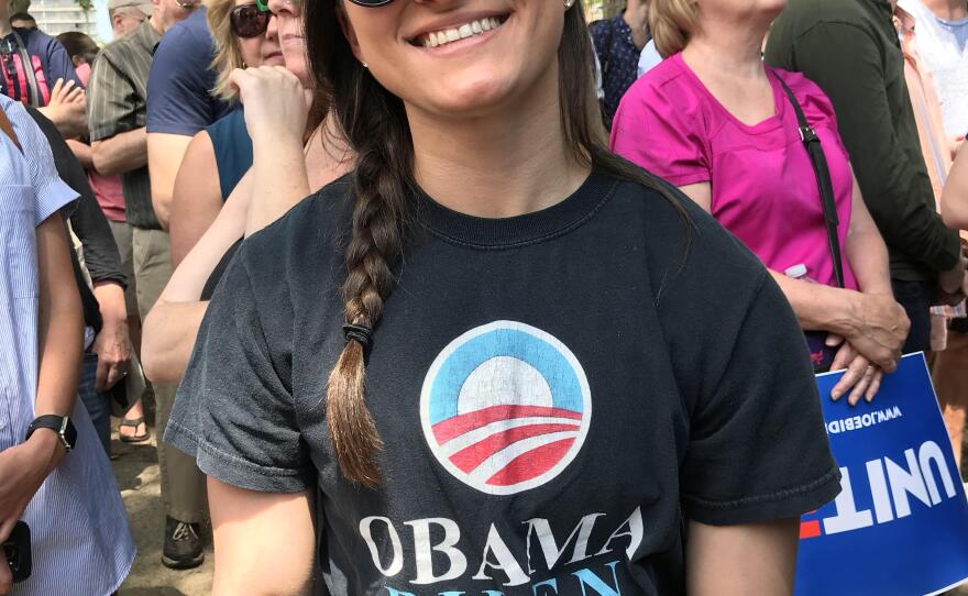 Tori DeJiosio sports an Obama-Biden 2008 T-shirt at a Biden 2020 event.
