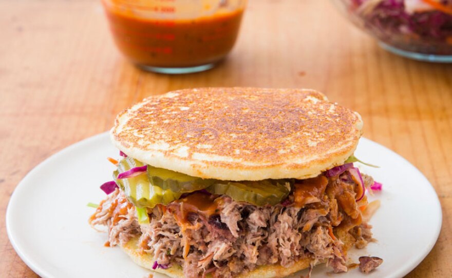 Tennessee pulled pork sandwiches on hoecakes from "A Taste of Tennessee."