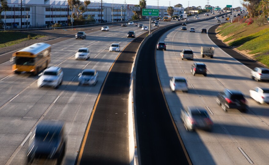 Vehicles move along Interstate 5 north of downtown San Diego, Jan. 4, 2022. License plate readers are used to track vehicles throughout San Diego County.