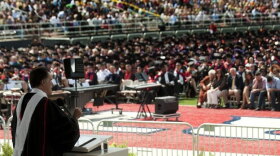 Mitt Romney delivers the keynote address at Liberty University's commencement ceremony in Lynchburg, Va., on Saturday. In his speech, Romney told students that "marriage is a relationship between one man and one woman."