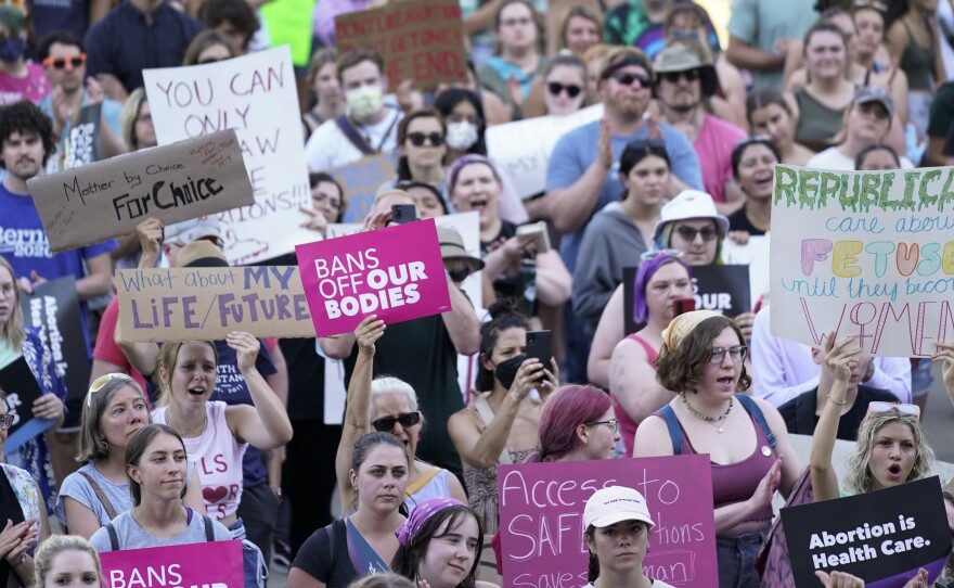 Abortion rights supporters at a rally in Lansing, Mich. after the Supreme Court overturned <em>Roe v. Wade.</em>