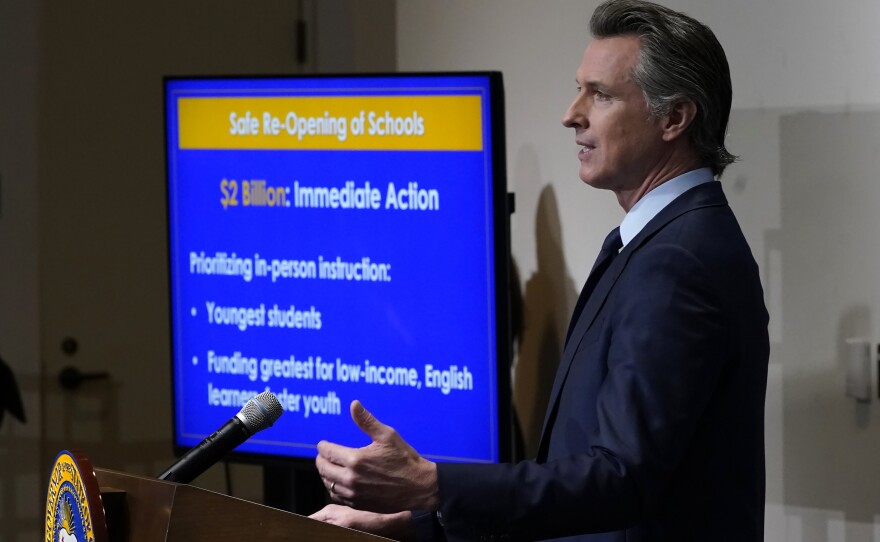 Gov. Gavin Newsom speaks about his 2021-2022 state budget proposal during a news conference in Sacramento, Calif., on Jan. 8, 2021.