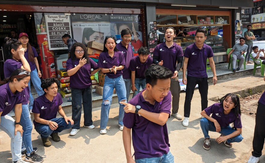 Roots, a theater troupe from Arunachal Pradesh, performs a satirical street play about the practice of cash for votes in the state capital Itanagar in the second week of April. "Our message is: don't sell your vote for money," says actor Ravi Tayem.