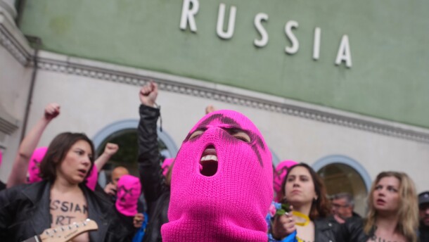 Pussy Riot and FEMEN activists protest Russia's presence after its absence following the 2022 invasion of Ukraine in front of the Russian pavilion at the 2026 Art Venice Biennale in Venice, Italy, on May 6, 2026.