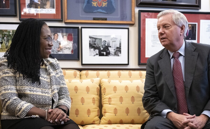 Supreme Court nominee Ketanji Brown Jackson meets with Sen. Lindsey Graham, R-S.C., on March 15.