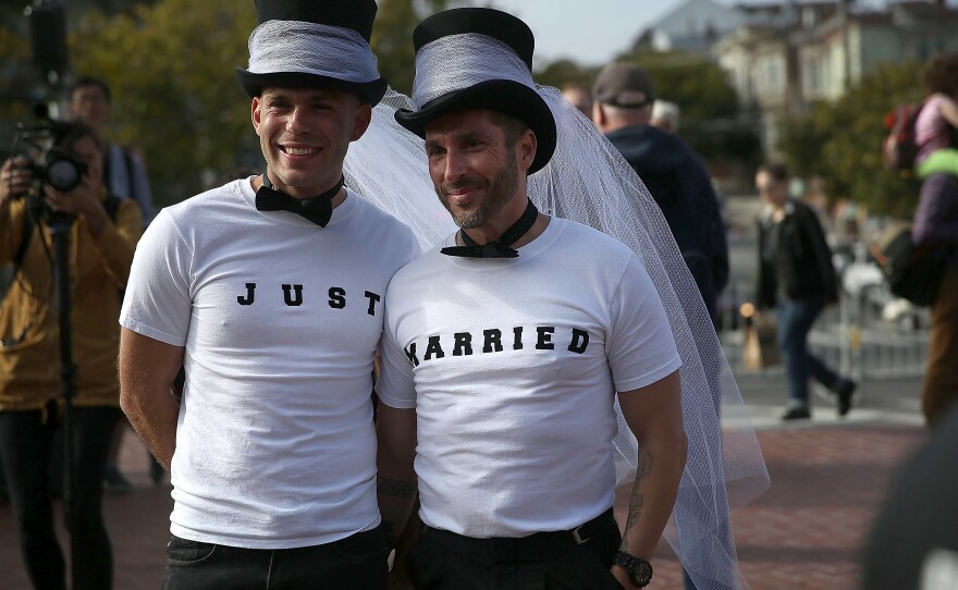 Same-sex marriage supporters wear "Just married" shirts while celebrating the U.S Supreme Court ruling regarding same-sex marriage on June 26, 2015 in San Francisco.