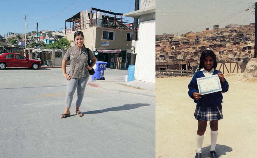 Luz Angelica Reyes Durán, one of Lucy Durán's daughters, standing in the same spot today and in 1993.
