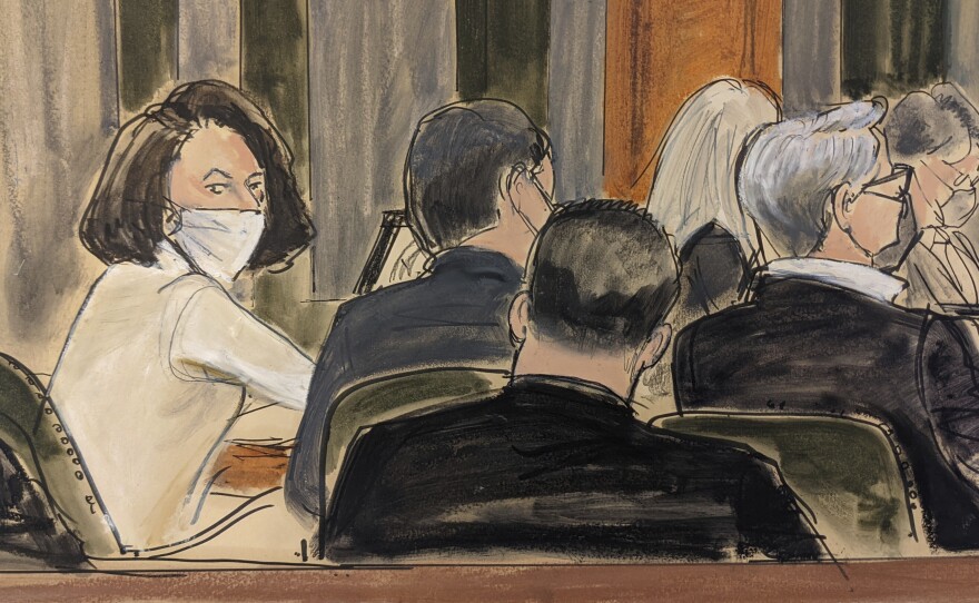 Ghislaine Maxwell sits at the defense table during the final stages of jury selection on Monday in New York City in this courtroom sketch. Opening statements in her trial on sex trafficking charges began Monday.