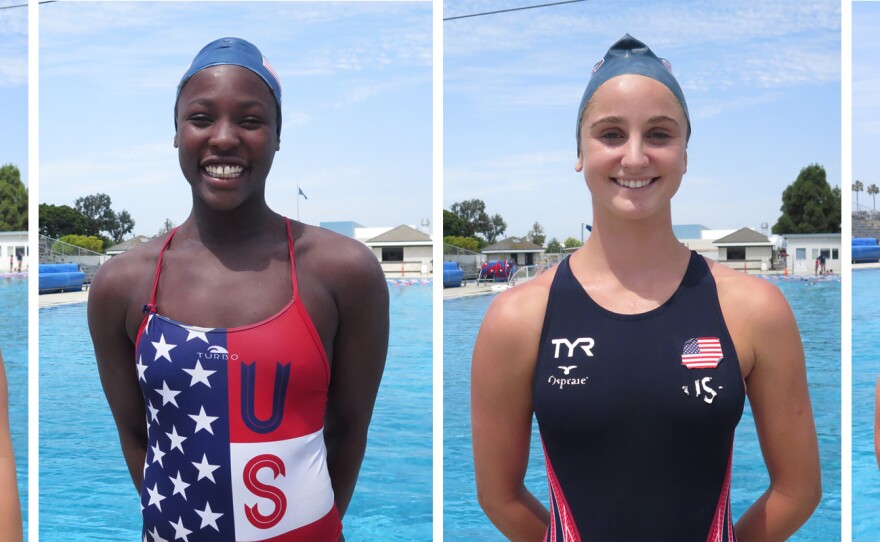 Women's water polo teammates Kami Craig (left), Ashleigh Johnson, Maddie Musselman and coach Adam Krikorian. The team practices at its home base in Los Alamitos, Calif., which is also the military's Joint Forces Training Base.