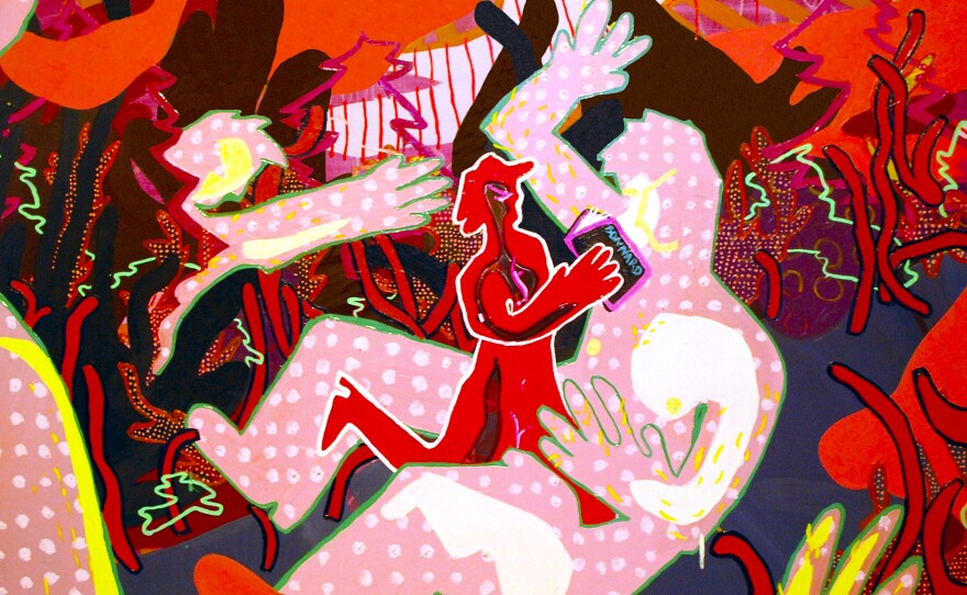 Rachel Deane, <em>In Search For A Weapon I Found My Bonnard Book</em>, oil on canvas, 40 inches by 54 inches; 2016.