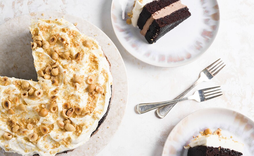 Chocolate-Hazelnut Cream Cake with a whipped ganache filling, and a gooey-centered Swedish “Sticky” Chocolate Cake, topped with a Flavored Whipped Cream that balances out the cake’s richness