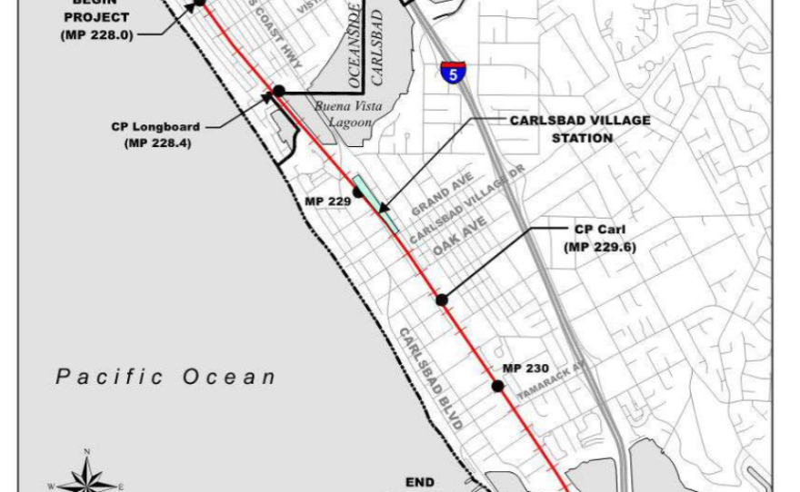 Map of proposed rail line trenching project through Carlsbad. Jan 2017