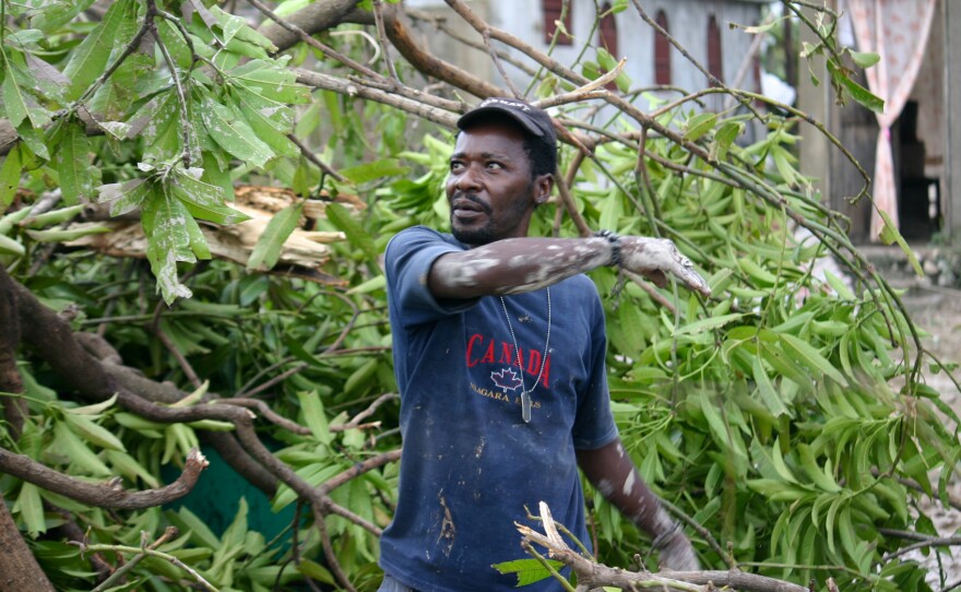 Jean Marc Verdieu's small restaurant called Vierge Caridad or The Virgin of Charity was destroyed by the pounding rain of Hurricane Matthew. He's clearing the limbs from a mango tree that crashed into the corrugated tin building.