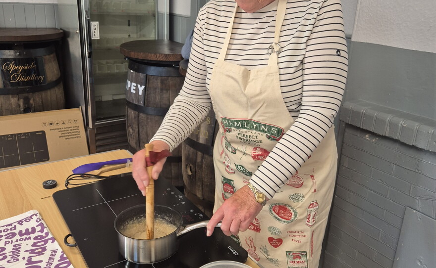 Hilary Shorter uses a wooden spurtle to mix her porridge.