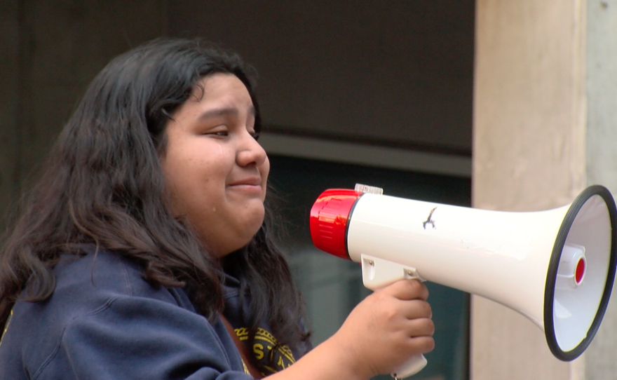 One girl breaks into tears at Trump protest, Nov. 9, 2016. 