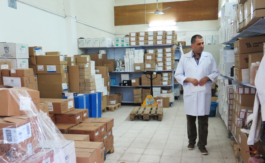 Nael Skaik, the pharmacy director at Gaza's main hospital, says this medicine storage room is usually so full of boxes of medicines that it's hard to find space to walk. Now medicines are running out as Palestinian Authority President Mahmoud Abbas has held up medicine shipments to Gaza to pressure Gaza's Hamas leaders to surrender power.