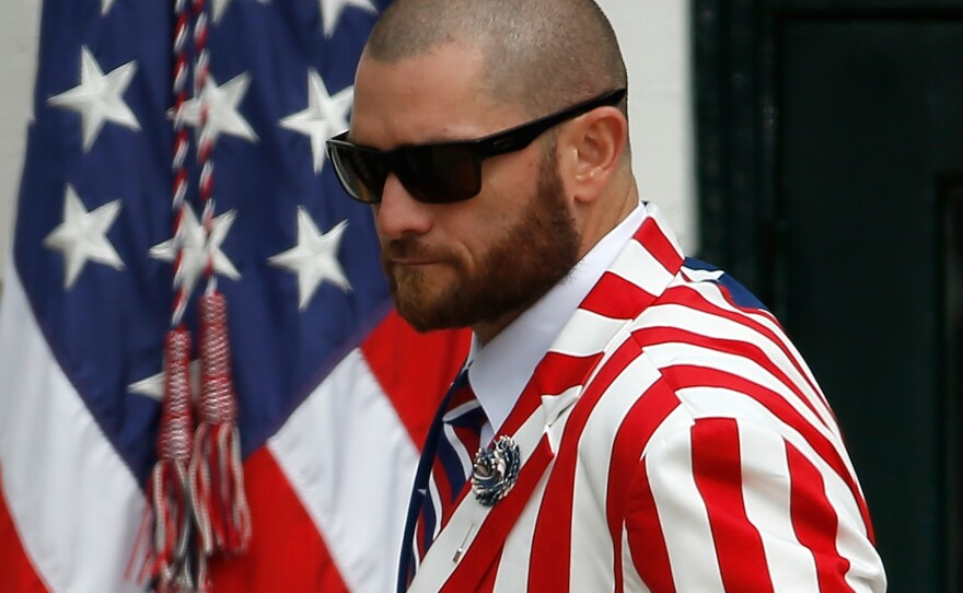 Red Sox player Jonny Gomes wore his patriotism on more than his sleeve at the White House Tuesday.