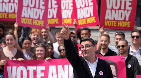 Andy Burnham, Britain's Labour candidate for Makerfield, gestures in front of supporters during the by-election in Makerfield, England, Thursday, June 18, 2026 where voters are choosing a new lawmaker with Andy Burnham of the Labour Party as the leading contender.