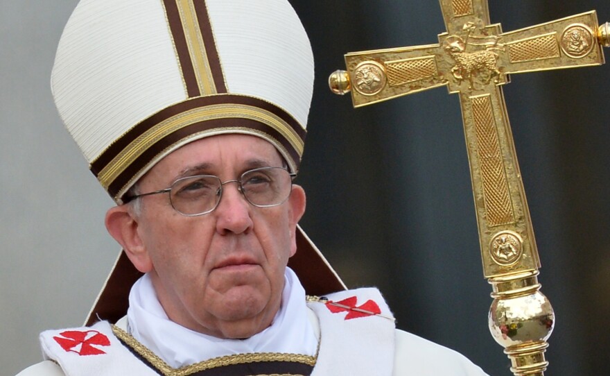 Pope Francis wore a cream-colored chasuble with gold trim to celebrate the Easter Mass on March 31, 2013, at the Vatican. See the sheep on his papal ferula? It's driving home the symbolic reference to the pope as shepherd.