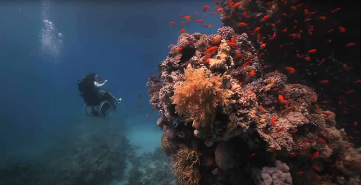 A still from "Creating the Spectacle! Part 1 - Finding Freedom" by Sue Austin, on view through Jun. 26, 2022 at ICA San Diego's Balboa Park location.