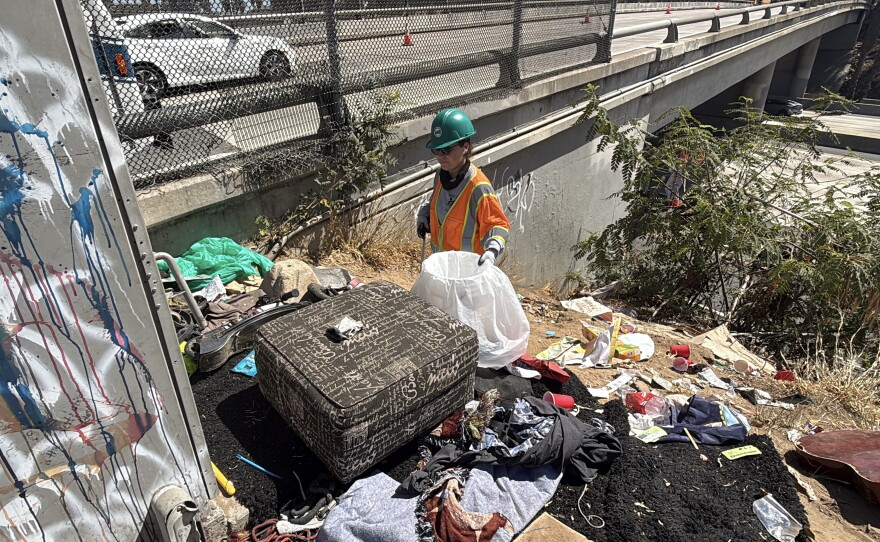 San Diego City crews clear trash during an abatement on July 30, 2026.