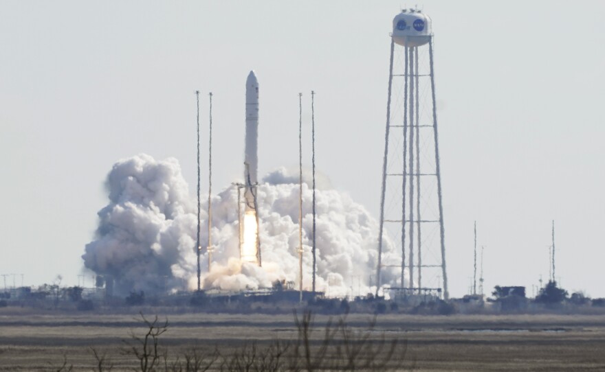 Northrop Grumman's Antares rocket lifts off the launch pad at NASA's Wallops Island flight facility in Wallops Island, Va., on Saturday. The rocket is delivering cargo to the International Space Station.