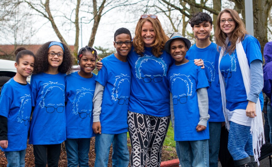 This March 20, 2016, photo shows the Hart family of Woodland, Wash., at a Bernie Sanders rally in Vancouver, Wash.