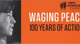 A logo of the exhibit "Waging Peace: 100 years of action."