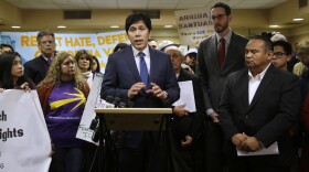 State Sen. President Pro Tem Kevin de Leon, D-Los Angeles discusses his measure SB54 after the Senate Pubic Safety Committee passed the bill in Sacramento, Calif., Tuesday, Jan. 31, 2017. 