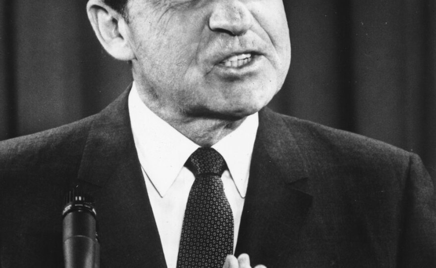 President Richard Nixon speaking at a press conference in Washington in April 1969, after North  Korean fighter jets shot down an American reconnaissance plane.